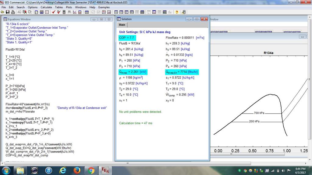 Figure 12: A screenshot of EES of the data collected using the R-134a refrigerant and the