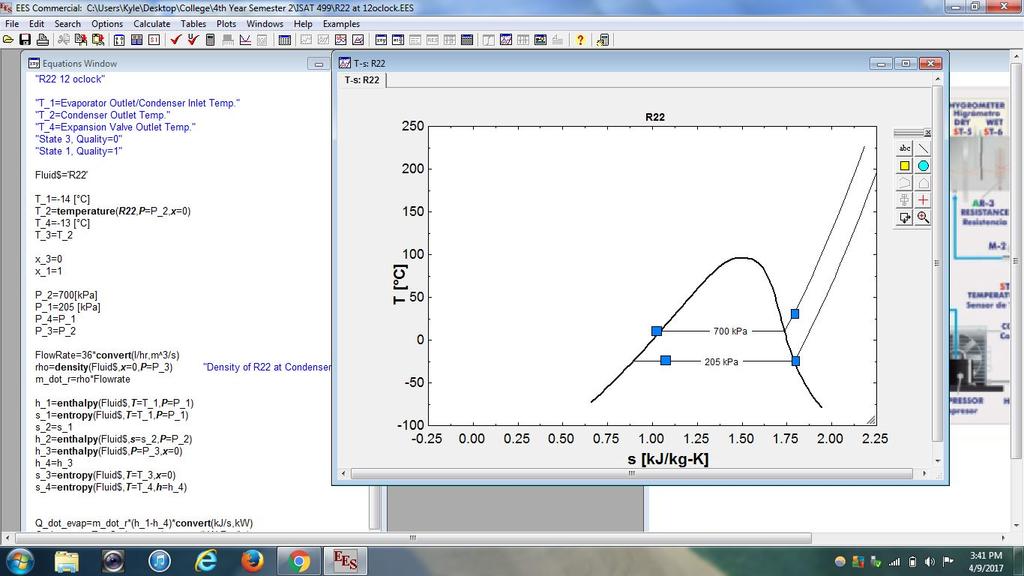 Figure 14: A screenshot of EES of the data collected using the R22 refrigerant and the fan set at 12 o clock.