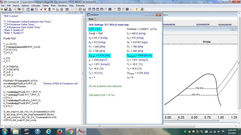 Figure 16: A screenshot of EES of the data collected using the R22 refrigerant and the fan set at 3 o clock. Thermodynamic properties, heat transfer, work and COP are calculated.