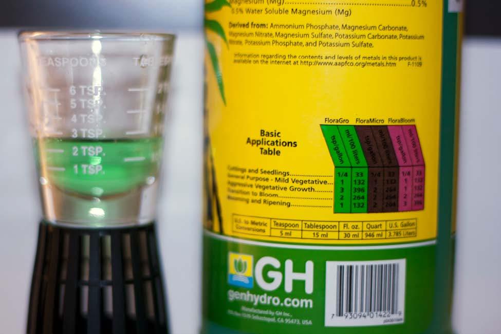 ADD NUTRIENTS Now we need to remember how much water we added to the reservoir. Take a look at the nutrient mixing chart on the back of your bottle of General Hydroponics FloraGro.
