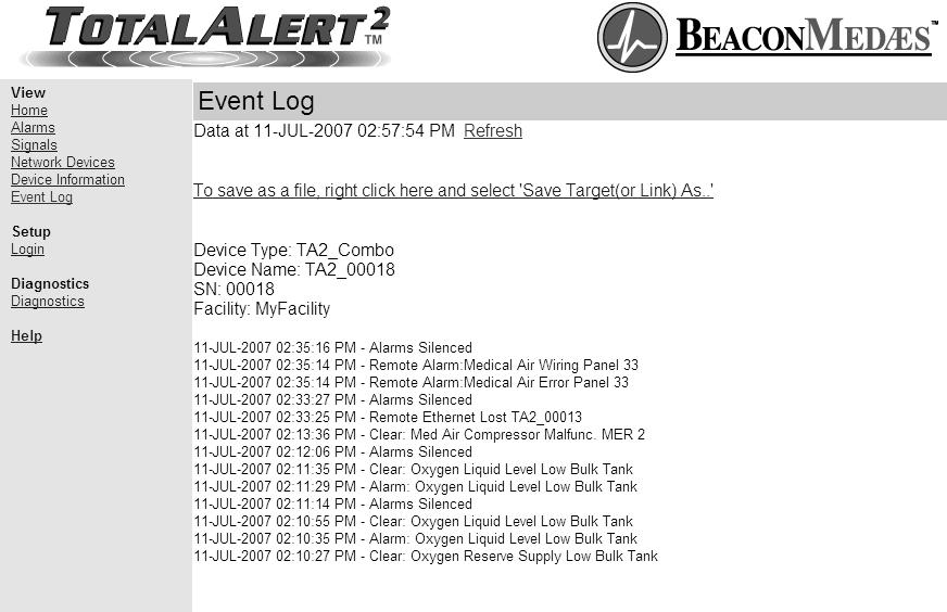 Browsing Alarm Web Pages (Cont.) Event Log 1. Click Event Log to view the Event Log page (Figure 103). 2. Click Refresh to view the most recent information. 3.
