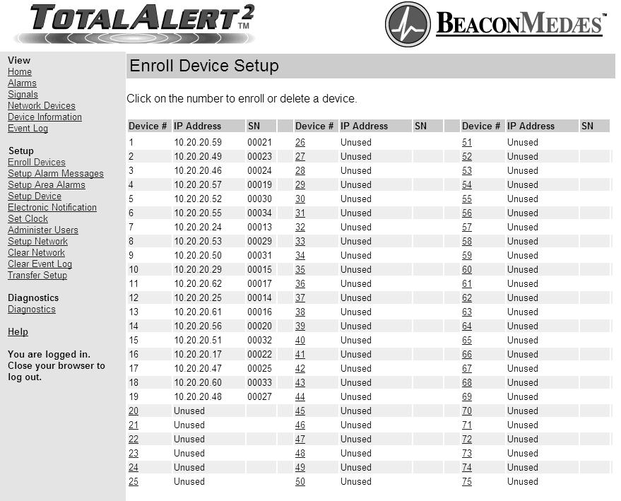 Set-Up Using Web Pages (Cont.) Enroll Devices Each TotalAlert 2 alarm panel keeps a list of up to 75 other devices on the medical gas network.
