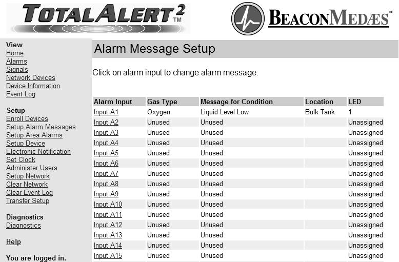 Set-Up Using Web Pages (Cont.) Setup Alarm Messages This setup page is used to configure switched alarm signals. 1. Click Setup Alarm Messages to access the Alarm Message Setup page (Figure 62).
