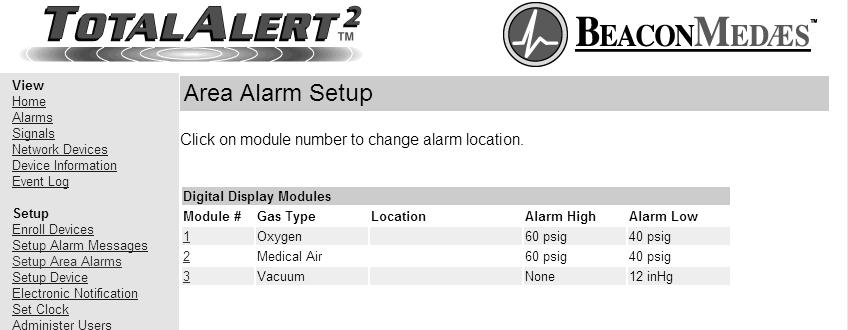 Set-Up Using Web Pages (Cont.) Setup Area Alarms This setup page is used to configure area alarm locations. 1. Click Setup Area Alarms to access the Area Alarm Setup page (Figure 69). 2.