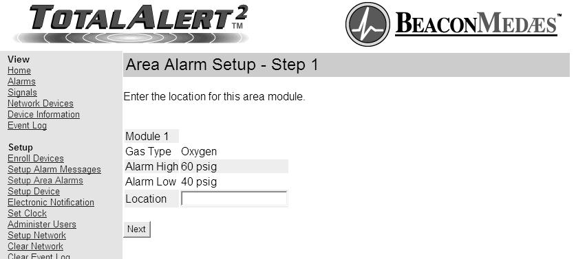 Set-Up Using Web Pages (Cont.) Setup Area Alarms (Cont.