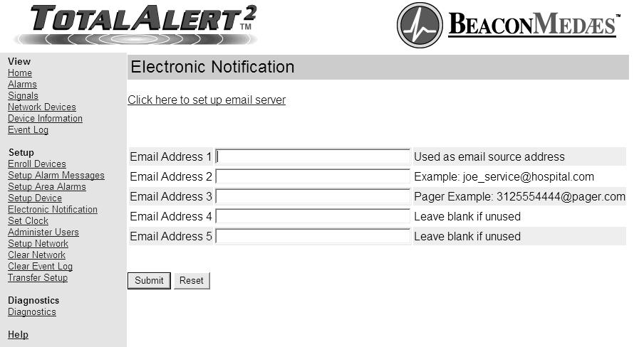 Set-Up Using Web Pages (Cont.) Electronic Notification This setup page is used to configure electronic notification (email, pager, phone text message). The device acts as an SMTP client.