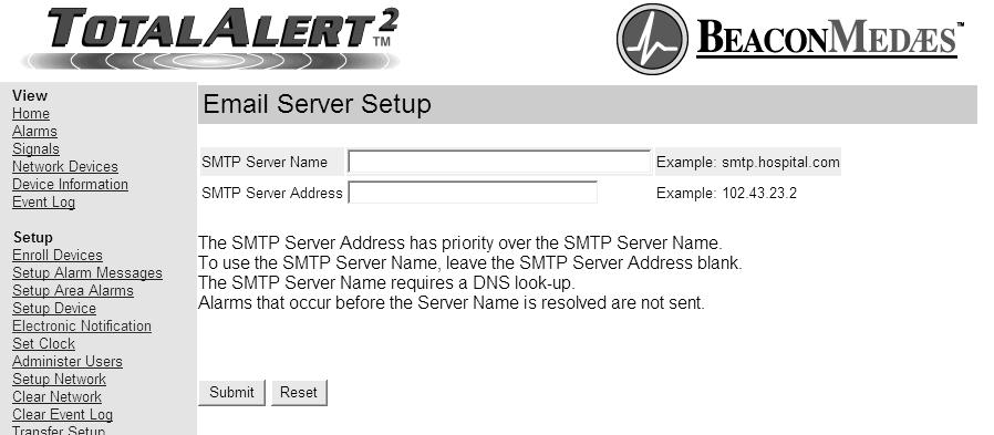 Set-Up Using Web Pages (Cont.) Electronic Notification - Server Setup 1. Click Electronic Notification to access the Electronic notification page (Figure 74). 2.
