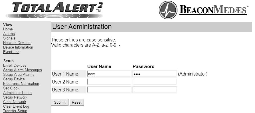 Set-Up Using Web Pages (Cont.) Administer Users 1. Click on Administer Users to access the User Administration page (Figure 80). 2. Enter user names and passwords then click Submit. 3.