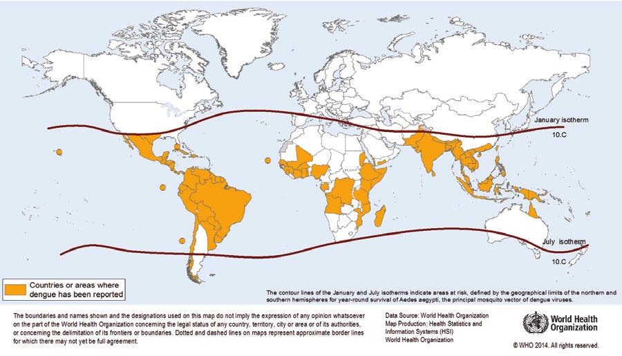 Ypač pavojingų įvežtinių, retų, keliautojų užkrečiamųjų ligų metodinės rekomendacijos 4 pav. Dengė karštligės rizikos teritorijos, 2013 m.