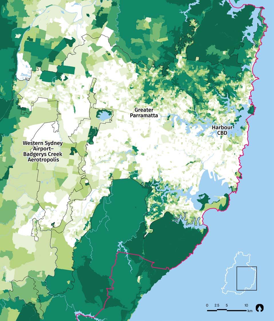165 Figure 52: Greater Sydney tree canopy cover as at 2011 Region Boundary Waterways Urban Area < 10% 10% to 20% 20% to 30% 30% to 40% 40% to 50% 50% to 60% > 60%
