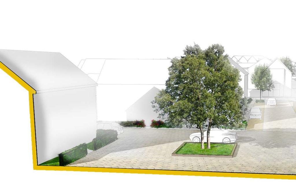 SIDE STREET (EQUIVALENT TO STREET WITH LOCALISED VARIATION) Formal clipped hedge boundary treatment Concrete block paving Feature tree to courtyard spaces Small- medium sized tree to Side Street 1-6m