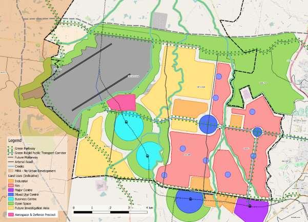Figure 2: An example land use framework for the land in the WSAPGA in Liverpool LGA. This framework would implement Council's preferred structure for this portion of the Aerotropolis.