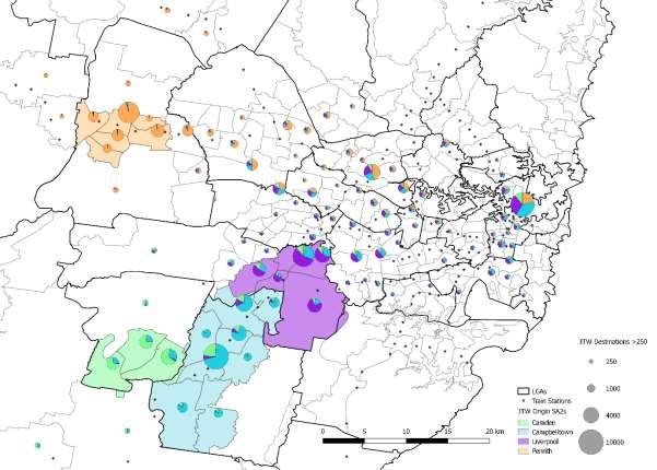 Figure 3: Journey to work destinations for the trips originating in Liverpool, Penrith, Camden and Campbelltown SA2s near train stations from the 2011 census Cost The approximate lengths of the