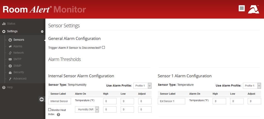 Sensors Navigate to Settings Sensors to open the Sensor Settings screen. You may configure alert thresholds for your Room Alert s sensors in this screen.