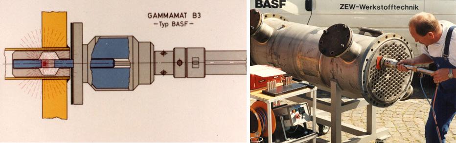 Fig.1: Gammamat B3 isotope source with film holder (left side) at inspection position and set-up for inspection of a small heat exchanger in the field (right side) The design, production and