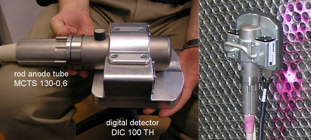 4: The digital detector array DIC 100 TH, left side: detector electronics showing the arrangement of the 4 detector tiles around the rod anode X-ray tube, right side: detector-x-ray unit ready for
