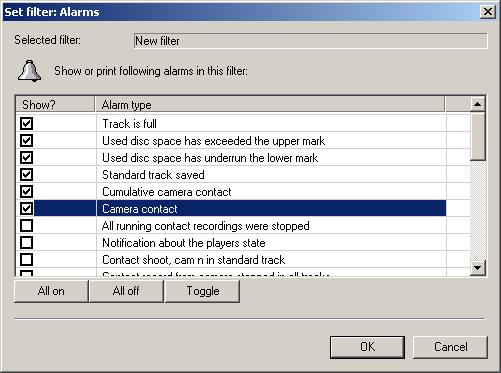 Alarm Types Select the option Alarm Type and click the button... to open the dialog box Set Filter: Alarm Types.
