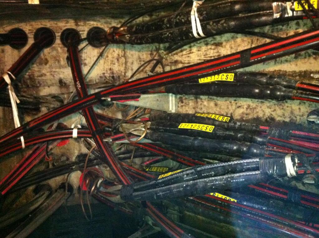 Distribution feeder cables in a manhole about