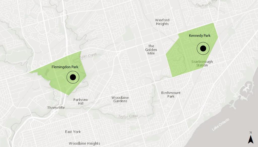 Neighbourhood Context Context map showing catchment areas of Community Grown neighbourhoods (green) and location of market gardens (black circles) (Source: Author).