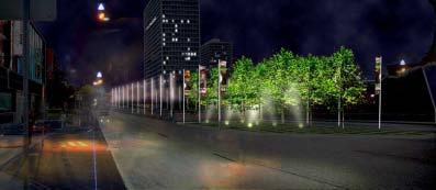 A landscaped boulevard can be developed that incorporates street trees, banners and or signage, lawn surfaces, and public art.