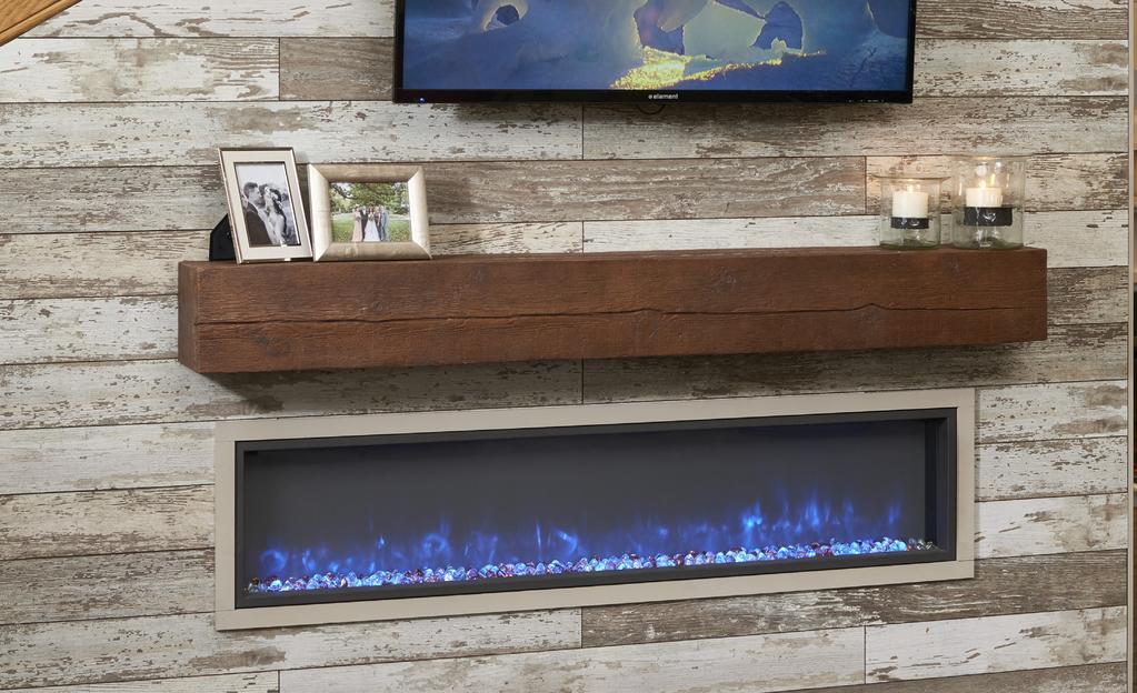 built-in linear electric fireplace GBL-64 with cool blue lighting shown with Tavern Brown 72 Mantel Clean flush finish