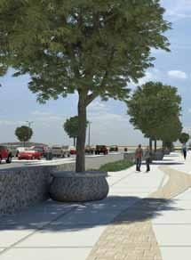 Circular gabion baskets surround selected trees and are covered with concrete seats, providing shaded waiting areas for transit patrons.