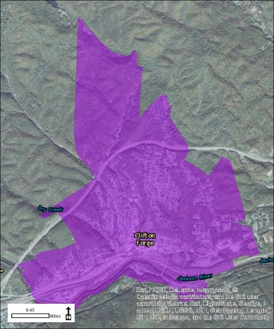 94 Urban Development Areas Clifton Forge UDA Needs Profile The Town of Clifton Forge designated the entire town boundary as a UDA in 2015, along the Jackson River and straddling/to the south of US 60.