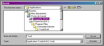 16 PLC Service Open a program from a disk : 1. Click the menu «Fichier» and «Ouvrir», or click the shortcut «Ouvrir» 2. Click the menu «Recherche dans». 3. Select «Disquette 3 1/2 (A:)». 4.