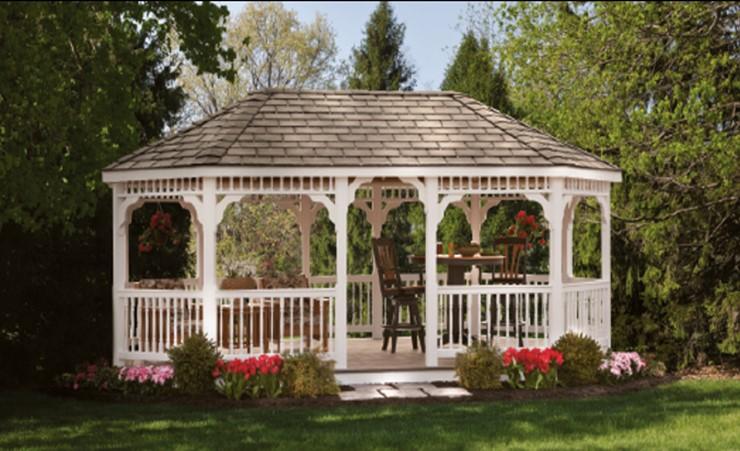 Oval Vinyl Gazebo Features White Vinyl T&G Decking Straight Spindle PVC Decking Straight Cornish Additional Receptacles (ea) $128 Removable Post (ea) $44 Extra Door $258 Gray Slate (Per SF) $8 Metal