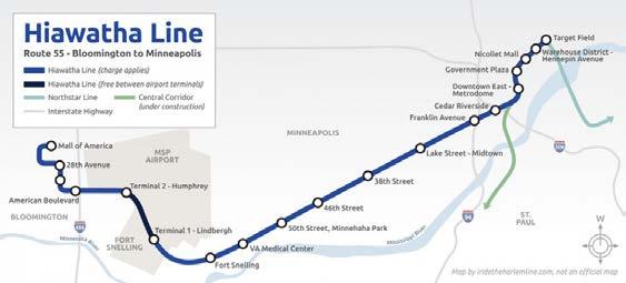 3.0 LESSONS LEARNED 3.1 MINNEAPOLIC HIAWATHA LINE The Blue Line LRT (formerly known as the Hiawatha line) runs between downtown Minneapolis, the airport, and the Mall of America in Bloomington.