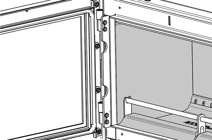 The door must be horizontal/level with the top of the inner box and the door catch engages correctly. 4a.2 Adjustment is possible in 2 places: Door Hinge Assembly Hinge Blocks on Inner Box 4a.