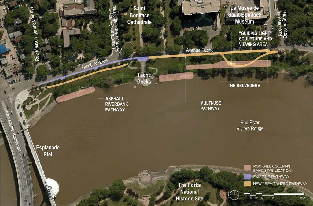 5 Design Proposed Design New three metre wide asphalt multi-use riverbank pathway from Esplande Riel to Taché docks Existing two metre west sidewalk maintained from Esplanade Riel to Taché docks