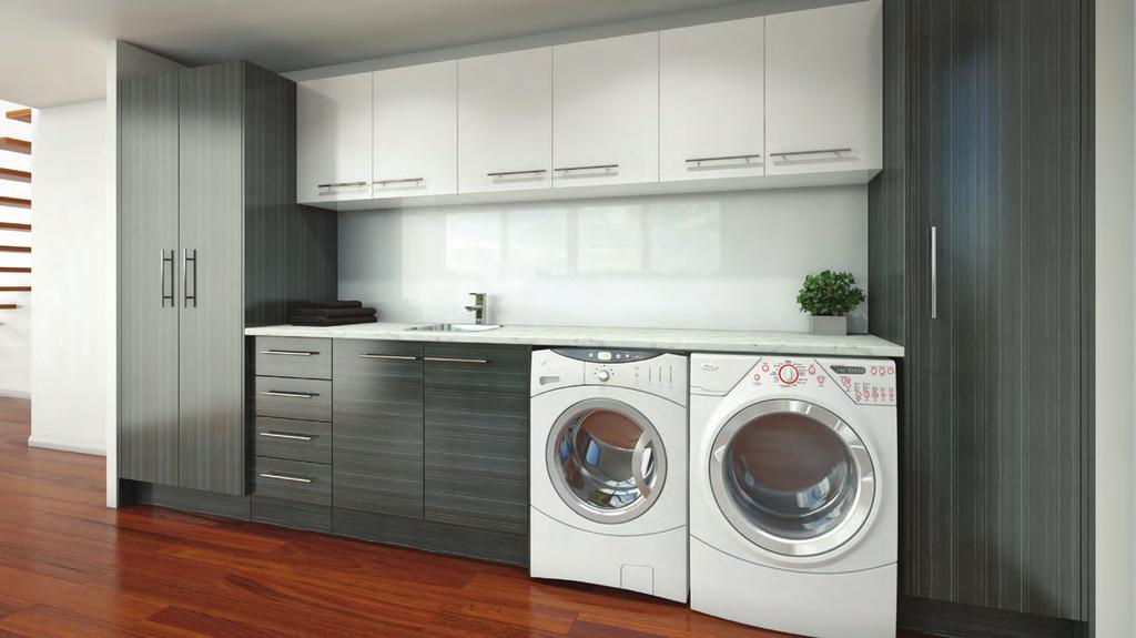 MODULAR Sleek and modern this custom wall to wall laundry has all your storage covered with a vast array of cabinets for all your laundry requirements.