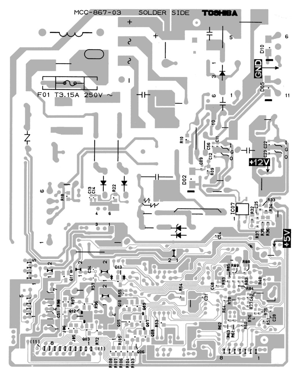 10-8-2. P.C. board layout GND +12V +5V Bottom View (For the Top View, refer to page 65.