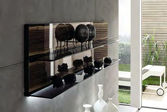 An artistic reproduction of core walnut or brown core ash decorates the rear wall design panel in lacquer.