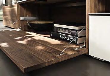 Version: solid walnut, white lacquered glass, matt 1 2 1 The drawer underneath the open compartment in the 2-Raster lowboard