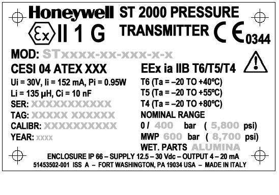 Marking, ATEX Directive Continued The following information is provided as part of the labeling of the transmitter: Name and address of the distributor: Honeywell, Fort Washington, PA 19034 USA.