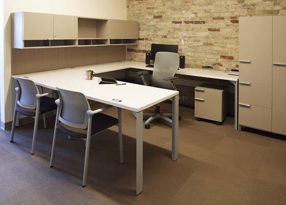 A flexible kit-of-parts works together throughout the entire office to respond to changing needs, from traditional panel-based workstations to high-performance private offices with complementary