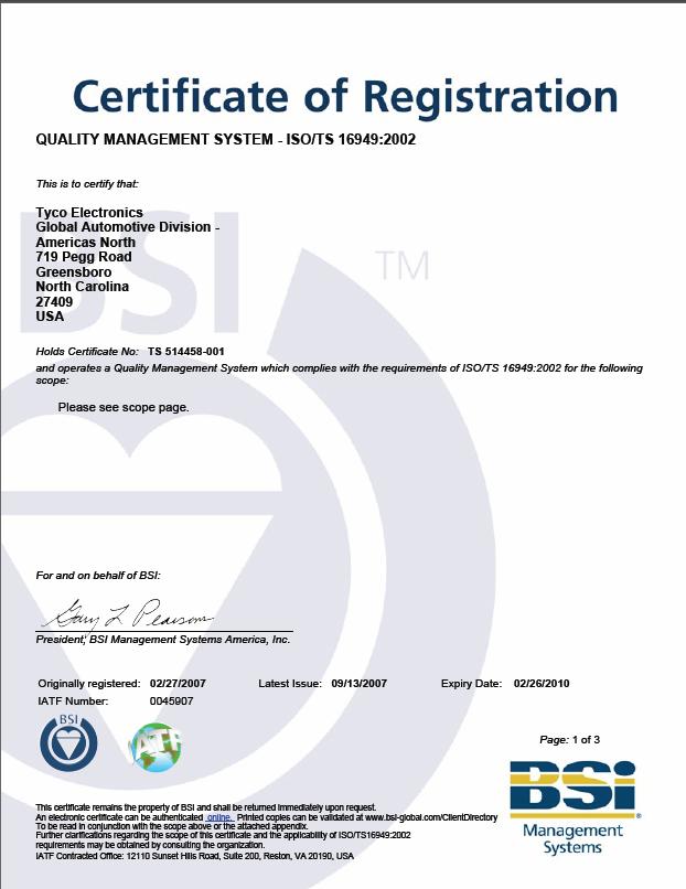 Quality / Environmental Certifications TS 16949