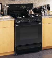 Profile 30" Free-Standing Gas Range with Warming Drawer JGBP85BEB Black on black Scratch resistant glass backguard QuickSet V oven controls with digipad entry; auto oven shut-off with override; start