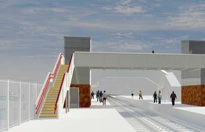 Option 1: Standard Network Rail Design Standard NR bridge, lift and stairs. Red brick base to 3m above platform with composite grey metal cladding above. Painted steel bridge span and stairs.