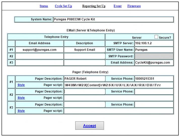 11.3 Reporting Set Up Screen The Reporting Setup Screen allows the user to add an email or a pager for dryer cycling. It will contact the customer on any scheduled or non-scheduled air dryer shift.