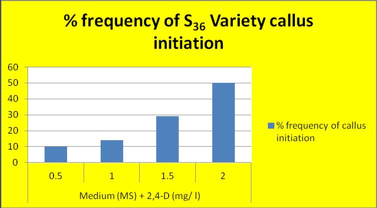 Table 4.7: Effect of different concentrations of 2, 4-D 1 (MS medium) % frequency of callus initiation after 20 days in S36. % frequency of callus initiation 1 0.5 10 2 1 14 3 1.