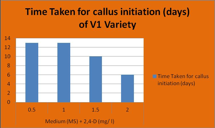 Table 4.2: Effect of different concentrations of 2, 4-D 1 (MS medium) time taken for callus initiation in V1.. Time Taken for callus initiation (days) 1 0.