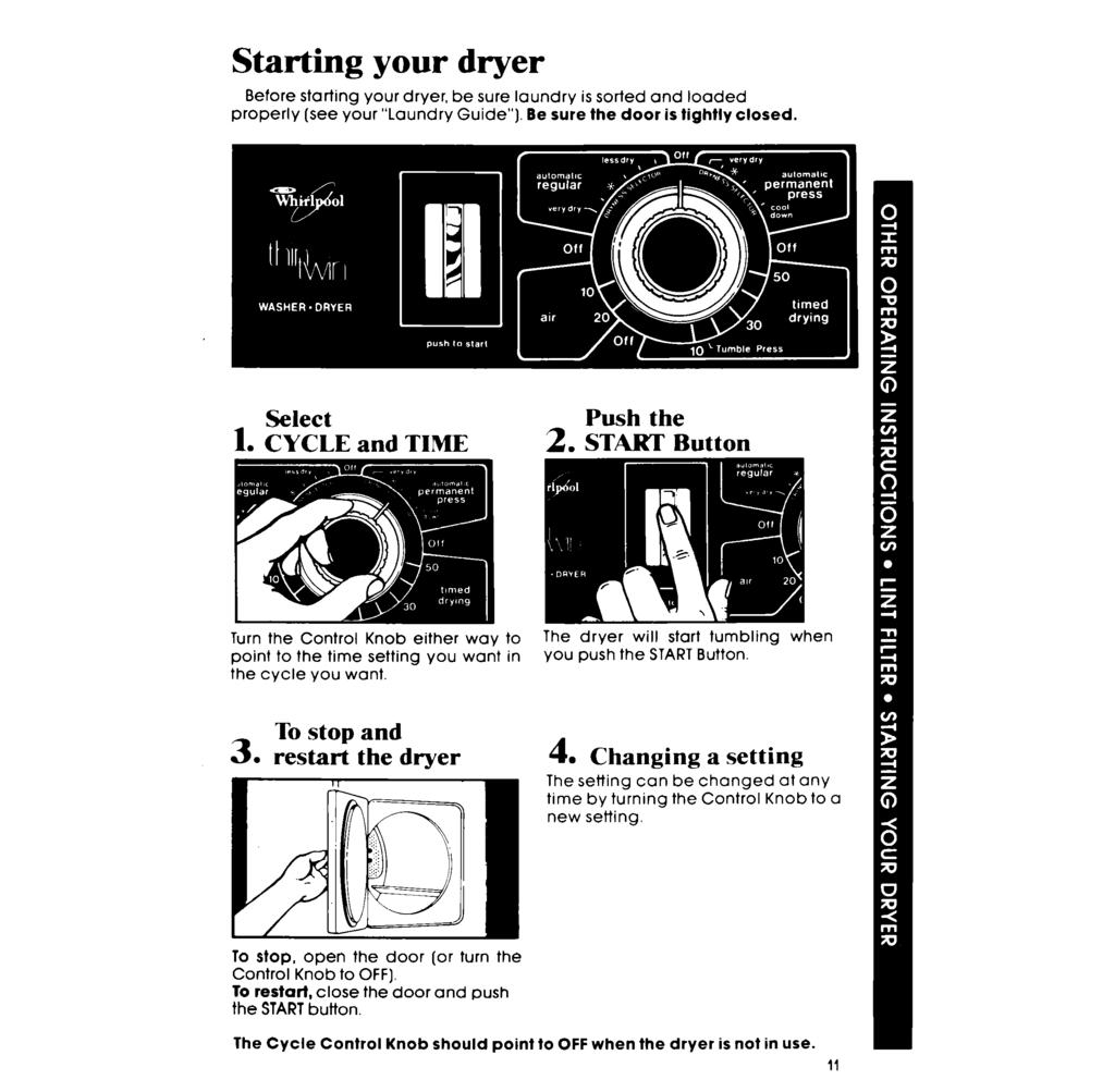 Starting your dryer Before starting your dryer, be sure laundry is sorted and loaded properly (see your "Laundry Guide"). Be sure the door is tighlly closed. Select 1. CYCLE and TIME Push the 2.
