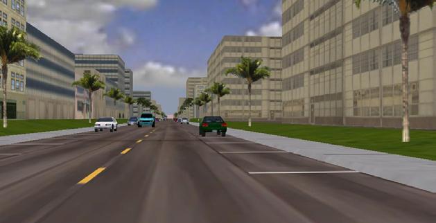 Figure 1. The center pane of the simulation pairs used for the drive-through shows the difference with and without curbside street trees.