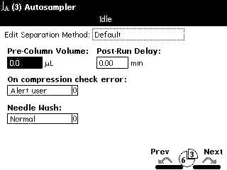 ) is allowed. Failure to do so may cause unexpected behavior. Autosampler Parameter Values The 2695 Autosampler Screen is shown below. Figure 6-6 in the Operator s Guide is incorrect.