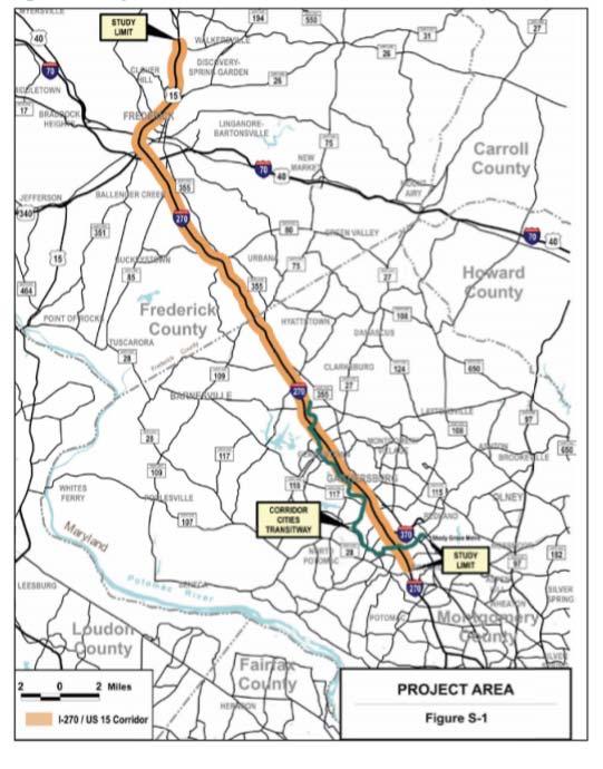 Gaithersburg, Germantown and Clarksburg with a possible future extension into Frederick County, MD. Earlier studies of the CCT lead to the identification of a future transitway alignment.