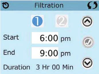 Spa Controls Adjusting Filtration MAIN FILTRATION Using the same adjustment as Setting the Time, Filter Cycles are set using a start time and a duration.
