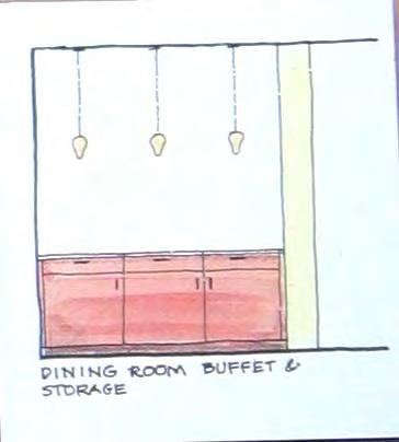 built-in buffet with storage below, accessible from two sides, to visually separate the dining room from the living